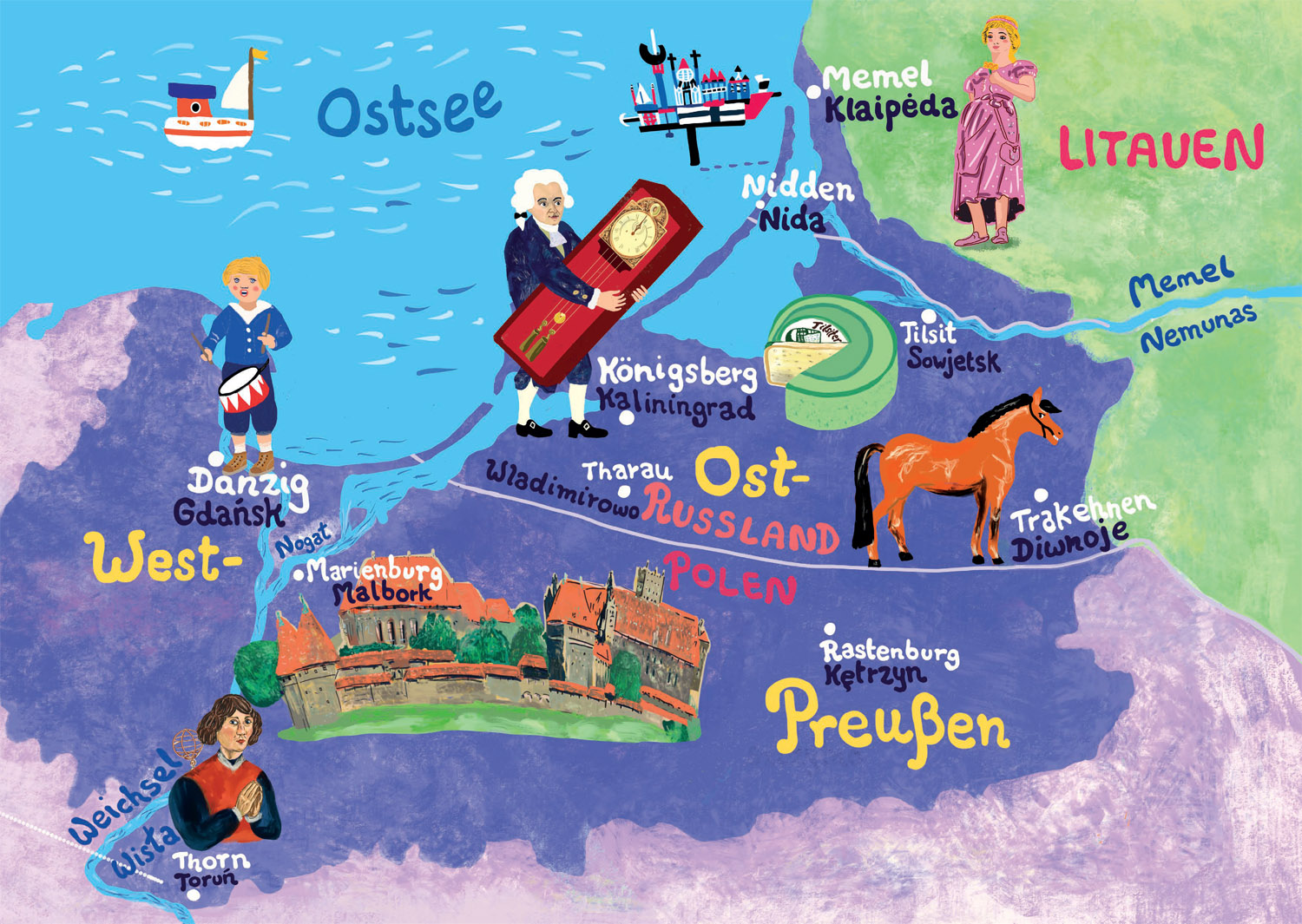 Kreuz und Quer durchs östliche Europa. Karten für Kinder: Karte von West- und Ostpreußen