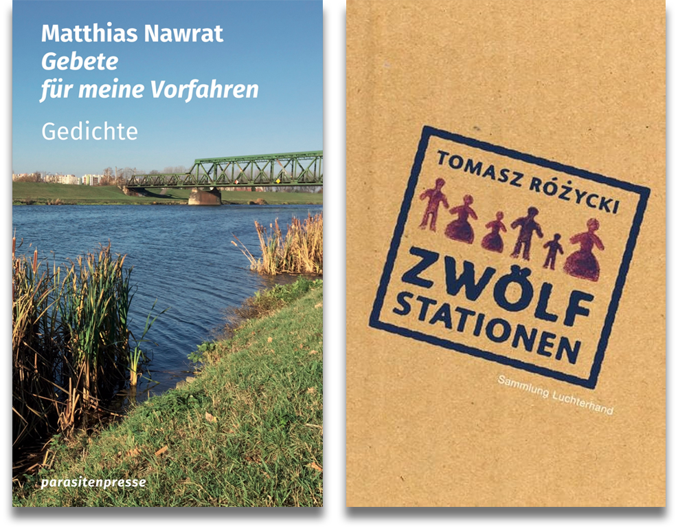 Buchcover: Matthias Nawrat: Gebete fuer meine Vorfahren und Tomasz Różycki: Zwölf Stationen Buchcover: Matthias Nawrat: Gebete fuer meine Vorfahren und Tomasz Różycki: Zwölf Stationen