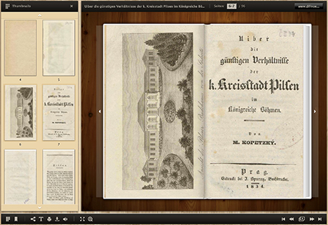 <i>Uiber die günstigen Verhältnisse der k. Kreisstadt Pilsen im Königreiche Böhmen</i> – Der Screenshot von der Internetseite der Pilsna Digitalis zeigt eingescannte Seiten eines Buches von M. Kopetzký aus dem Jahr 1834.