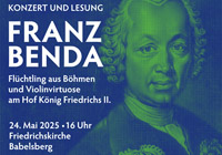 Plakat: 24. Mai 2025, Potsdam-Babelsberg: Konzert und Lesung: Franz Benda