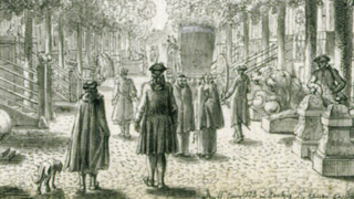 Daniel Chodowiecki: Die Langgasse in Danzig, Reise von Berlin nach Danzig, 1773 (Ausschnitt) Federzeichnung, 11,2 x 18,4 cm, © Akademie der Künste, Berlin, Kunstsammlung, Inv.-Nr.: Chodowiecki 21 (Ausschnitt)