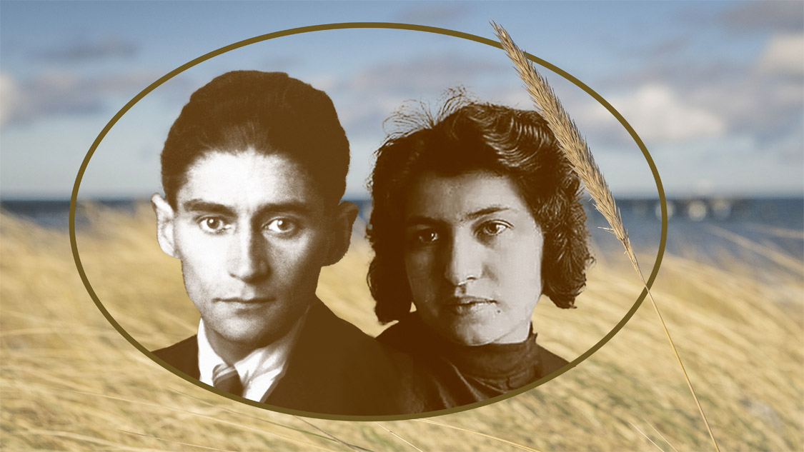  Franz Kafka und Dora Diamant »am Strand«. Collage von Saskia Aberle, Deutsches Kulturforum Strandfoto © Tourismus- und Kur GmbH Graal-Müritz / André Pristaff | beide Porträts via Wikimedia Commons: Franz Kafka 1923, Dora Diamant ca. 1928, © Sammlung Lask	