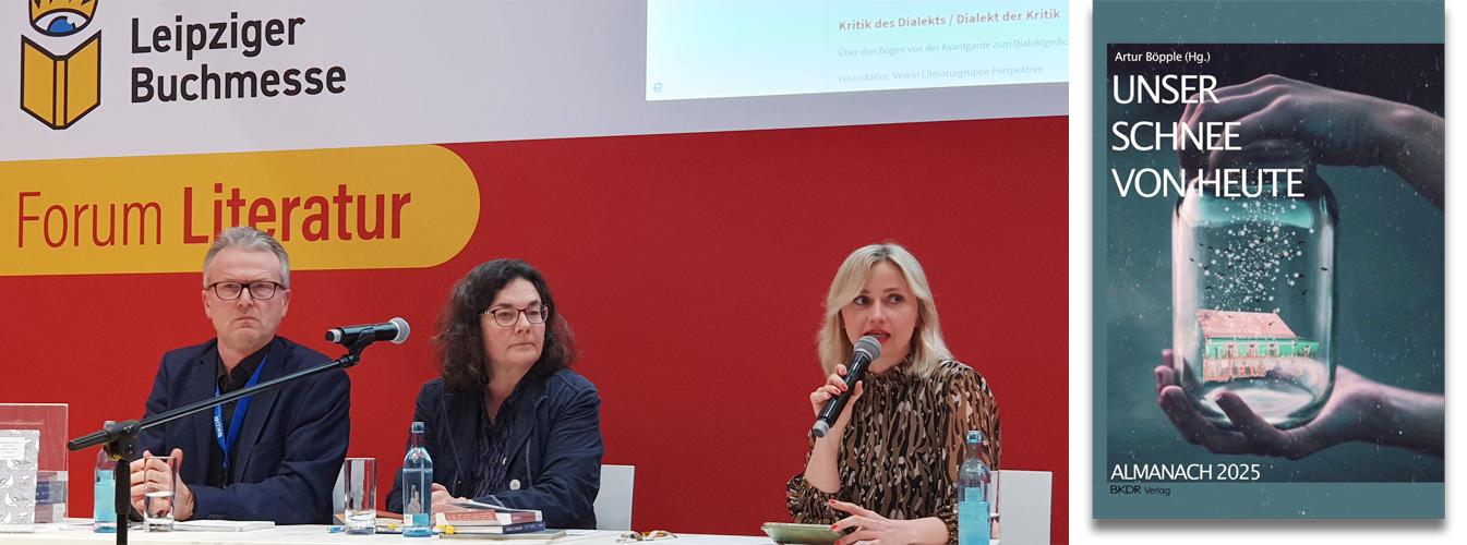 Links: Der Literaturkreis der Deutschen aus Russland auf der Leipziger Buchmesse 2023. V.l.n.r: Artur Böpple (hier unter seinem Schriftstellernamen Artur Rosenstern), Melitta L. Roth und Ira Peter | Rechts: Seit 1995 gibt der Literaturkreis der Deutschen aus Russland einen Almanach mit ausgewählten literarischen Beiträgen seiner AutorInnen und einiger Gäste heraus.