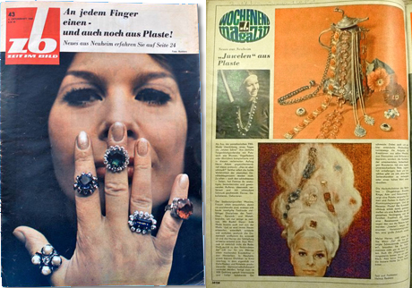 In der in Dresden herausgegebenen Zeitschrift <i>Zeit im Bild – ZiB</i> erschien 1968 dieser bebilderte Artikel, der die »Juwelen aus Plaste« mit zeitgenössischem Humor anpries. »In Neuheim, einem kleinen Dörfchen im Kreis Jüterbog, in dem eigentlich nur Haferflocken und Koteletts produzierende Genossenschaftsbauern vermutet werden, fertigt man im VEB Gablona optisch interessante und heiter belebende Geschmeide.«