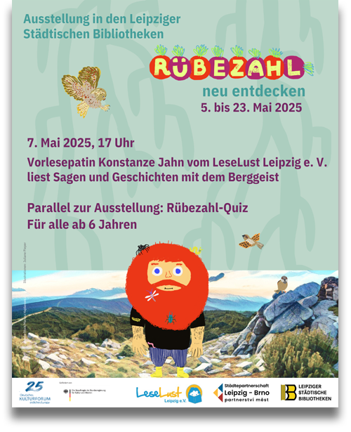 Plakat: 7. Mai 2025, Leipzig, Bibliothek Plagwitz »Georg Maurer« – Kinderbibliothek: Rübezahl-VorLeseLust Plakat: 7. Mai 2025, Leipzig, Bibliothek Plagwitz »Georg Maurer« – Kinderbibliothek: Rübezahl-VorLeseLust