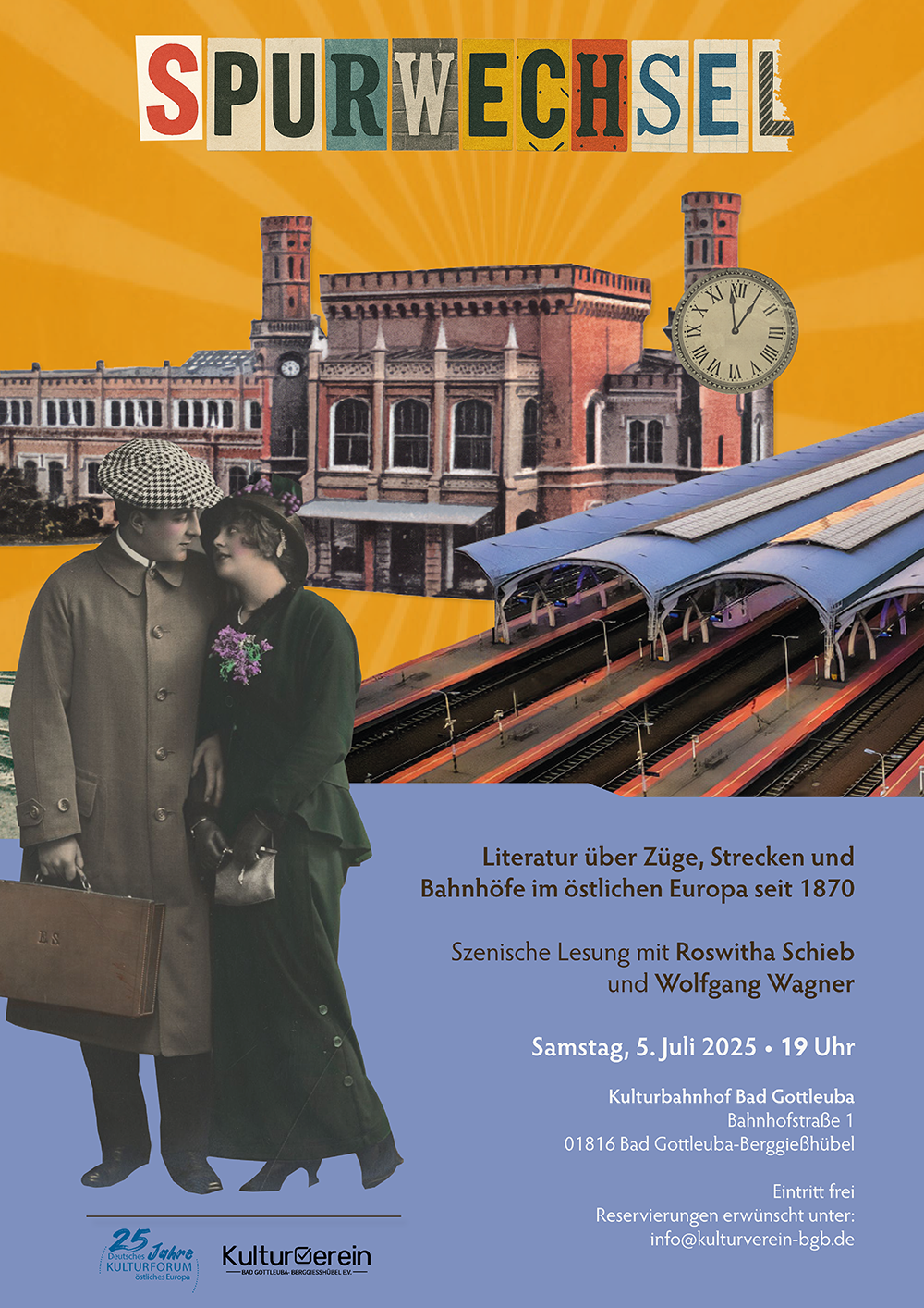 Plakat: 5. Juni 2025, Bad Gottleuba-Berggießhübel: Spurwechsel. Literatur über Züge, Strecken und Bahnhöfe im östlichen Europa seit 1870 Plakat: 5. Juni 2025, Bad Gottleuba-Berggießhübel: Spurwechsel. Literatur über Züge, Strecken und Bahnhöfe im östlichen Europa seit 1870