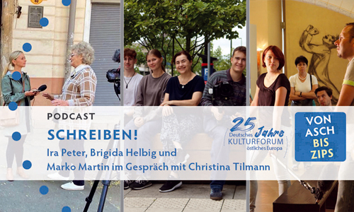 Collage mit drei Stadtschreiber/innen (von links nach rechts): Ira Peter 2021 im Interview mit der Odessaer Lokalhistorikerin Elvira Plesskaja-Sebold, Brygida Helbig mit Babelsberger Filmschülern 2025 in Stettin/Szczecin und Marko Martin ebenfalls mit einem Filmteam des Filmgymnasiums 2016 in der Synagoge Breslau /Wrocław | Bearbeitung © DKF, Ania Dejewska