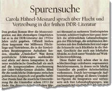 Potsdamer Neueste Nachrichten, 29.10.2011: Spurensuche. Carola Hähnel-Mesnard sprach über Flucht und Vertreibung in der frühen DDR-Literatur (Ausriss) Potsdamer Neueste Nachrichten, 29.10.2011: Spurensuche. Carola Hähnel-Mesnard sprach über Flucht und Vertreibung in der frühen DDR-Literatur (Ausriss)