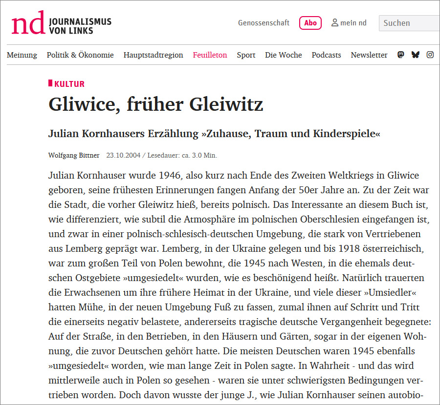 Screenshot: Neues Deutschland, 23.10.2004: Głiwice, früher Gleiwitz Screenshot: Neues Deutschland, 23.10.2004: Głiwice, früher Gleiwitz