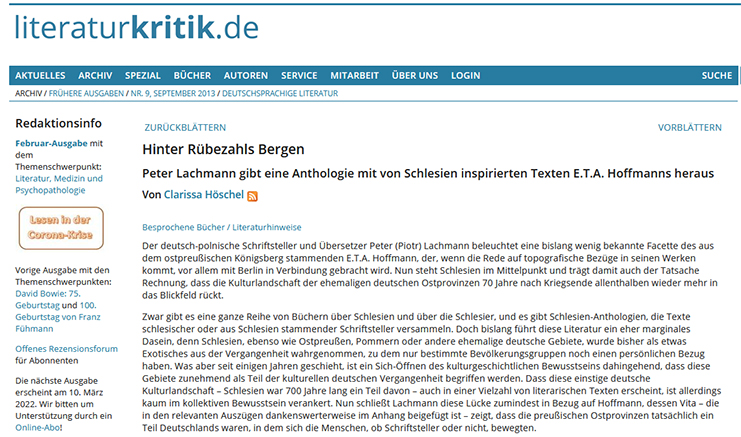 Screenshot: literaturkritik.de, 28.08.2013: Hinter Rübezahls Bergen. Peter Lachmann gibt eine Anthologie mit von Schlesien inspirierten Texten E.T.A. Hoffmanns heraus
