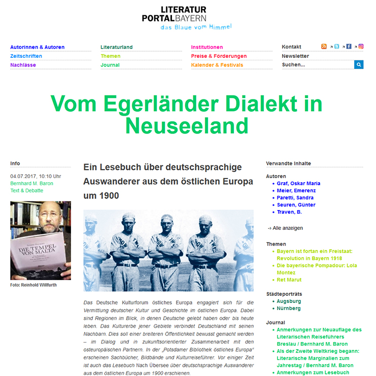 Screenshot – Literaturportal Bayern, 04.07.2017: Vom Egerländer Dialekt in Neuseeland. Ein Lesebuch über deutschsprachige Auswanderer aus dem östlichen Europa um 1900 Screenshot – Literaturportal Bayern, 04.07.2017: Vom Egerländer Dialekt in Neuseeland. Ein Lesebuch über deutschsprachige Auswanderer aus dem östlichen Europa um 1900