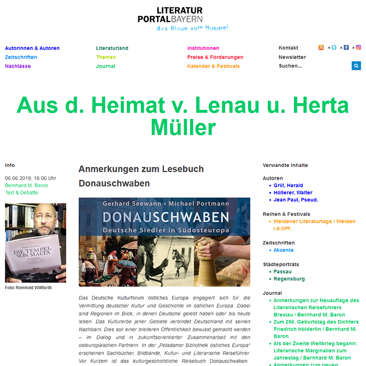 Screenshot – Literaturportal Bayern: Aus der Heimat von Lenau und Herta Müller Screenshot – Literaturportal Bayern: Aus der Heimat von Lenau und Herta Müller