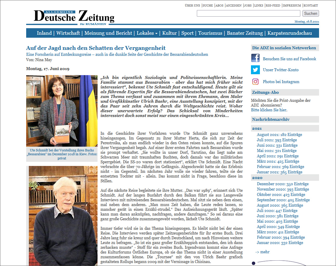 Pressestimme: Allgemeine Deutsche Zeitung für Rumänien, 17.06.2019, Auf der Jagd nach den Schatten der Vergangenheit Pressestimme: Allgemeine Deutsche Zeitung für Rumänien, 17.06.2019, Auf der Jagd nach den Schatten der Vergangenheit