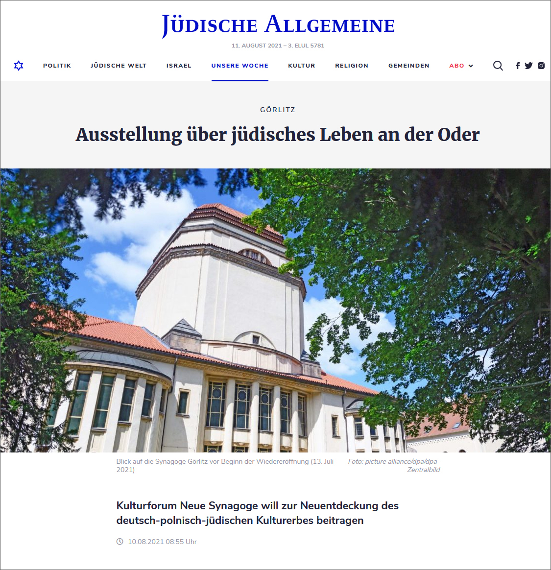 Pressestimme: Jüdische Allgemeine, 10.08.2021, Ausstellung über jüdisches Leben an der Oder Pressestimme: Jüdische Allgemeine, 10.08.2021, Ausstellung über jüdisches Leben an der Oder