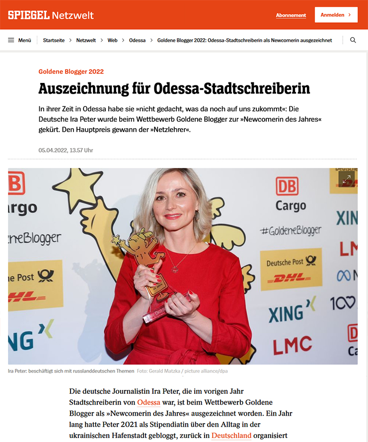 Screenshot: Der Spiegel, 05.04.2022: Auszeichnung für Odessa-Stadtschreiberin Screenshot: Der Spiegel, 05.04.2022: Auszeichnung für Odessa-Stadtschreiberin
