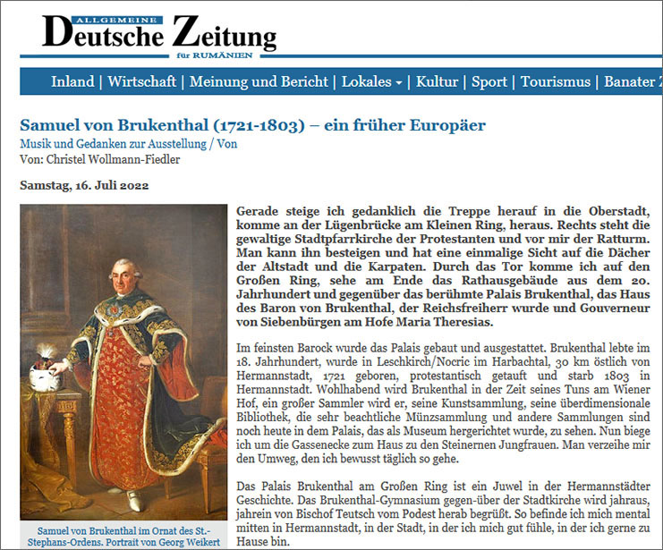 Allgemeine Deutsche Zeitung für Rumänien, 16.07.2022: Samuel von Brukenthal (1721-1803) – ein früher Europäer Allgemeine Deutsche Zeitung für Rumänien, 16.07.2022: Samuel von Brukenthal (1721-1803) – ein früher Europäer