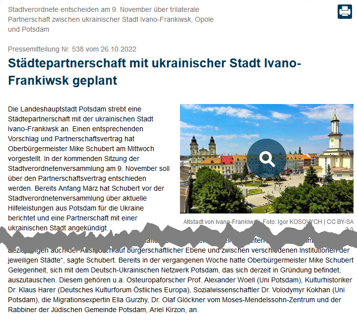 Screenhot: potsdam.de, Pressemitteilung Nr. 538 vom 26.10.2022: Städtepartnerschaft mit ukrainischer Stadt Ivano-Frankiwsk geplant Screenhot: potsdam.de, Pressemitteilung Nr. 538 vom 26.10.2022: Städtepartnerschaft mit ukrainischer Stadt Ivano-Frankiwsk geplant