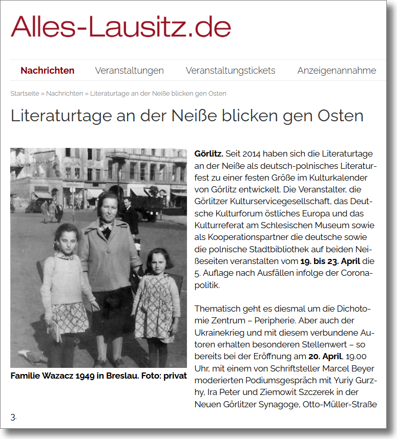 Pressespiegel: Alles-Lausitz.de, 17.04.2023 – Literaturtage an der Neiße blicken gen Osten Pressespiegel: Alles-Lausitz.de, 17.04.2023 – Literaturtage an der Neiße blicken gen Osten