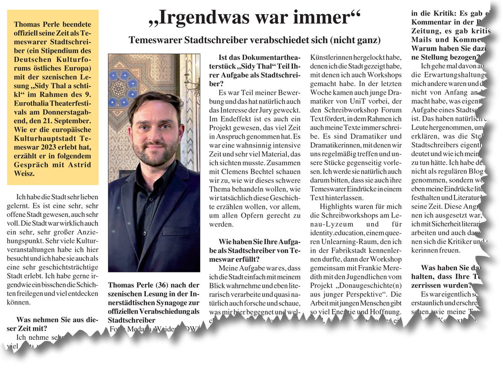 Allgemeine Deutsche Zeitung für Rumänien – ADZ, 26.09.2023: »Irgendwas war immer«. Temeswarer Stadtschreiber verabschiedet sich (nicht ganz) (Ausriss)