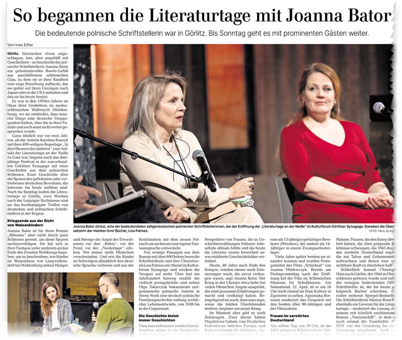Sächsische Zeitung, 12./13.04.2025: So begannen die Literaturtage mit Joanna Bator (Ausschnitt)