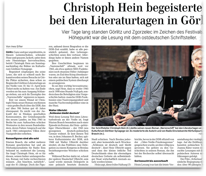 Sächsische Zeitung, 15.04.2025: Christoph Hein begeistert in Görlitz mit seinem neuen Roman »Das Narrenschiff« (Ausschnitt)