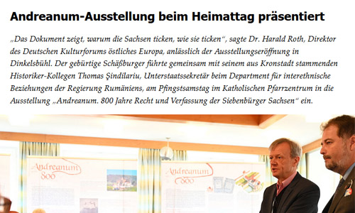 Siebenbürgische Zeitung online, 31.05.2024: Andreanum-Ausstellung beim Heimattag präsentiert (Ausschnitt)